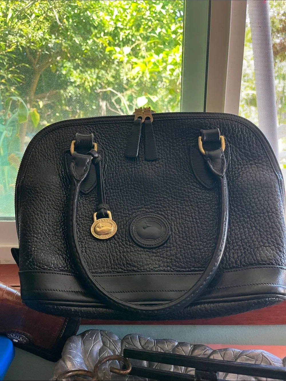 Dooney & Bourke Black Pebbled Leather Dome Satchel with Gold Hardware